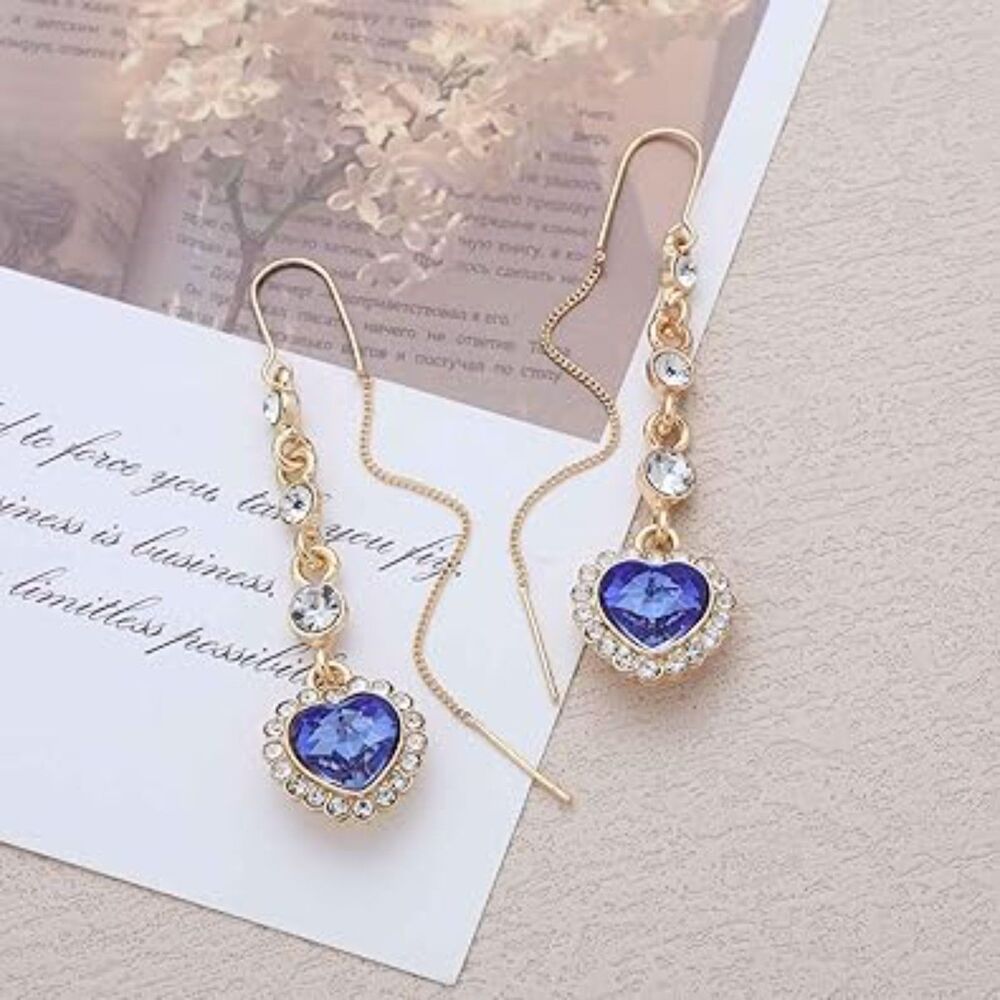 Stunning Royal Blue Heart Dangle Tassel Earrings - NIP